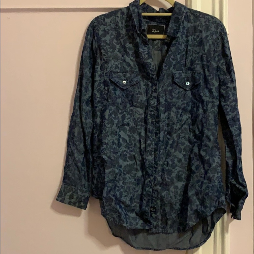 Rails Floral Blue Chambray Button Down Blouse - image 1